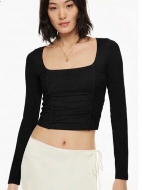 Aritzia Wilfred Lydia Ruched Cropped Long Sleeve Top Size S Stretch Square Neck